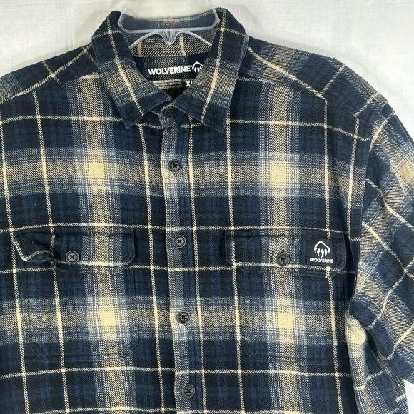 Wolverine Shirt Mens XL Heavyweight Blue Plaid Cut Short‎ Sleeve Raw Button Up - Picture 3 of 14